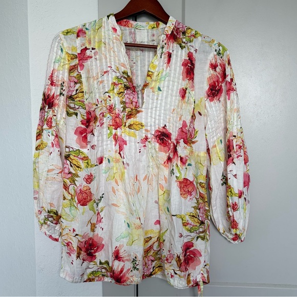 120% Lino Tops - 120% LINO WHITE FLORAL LINEN VNECK BOHO BLOUSE WOMENS 44 MEDIUM